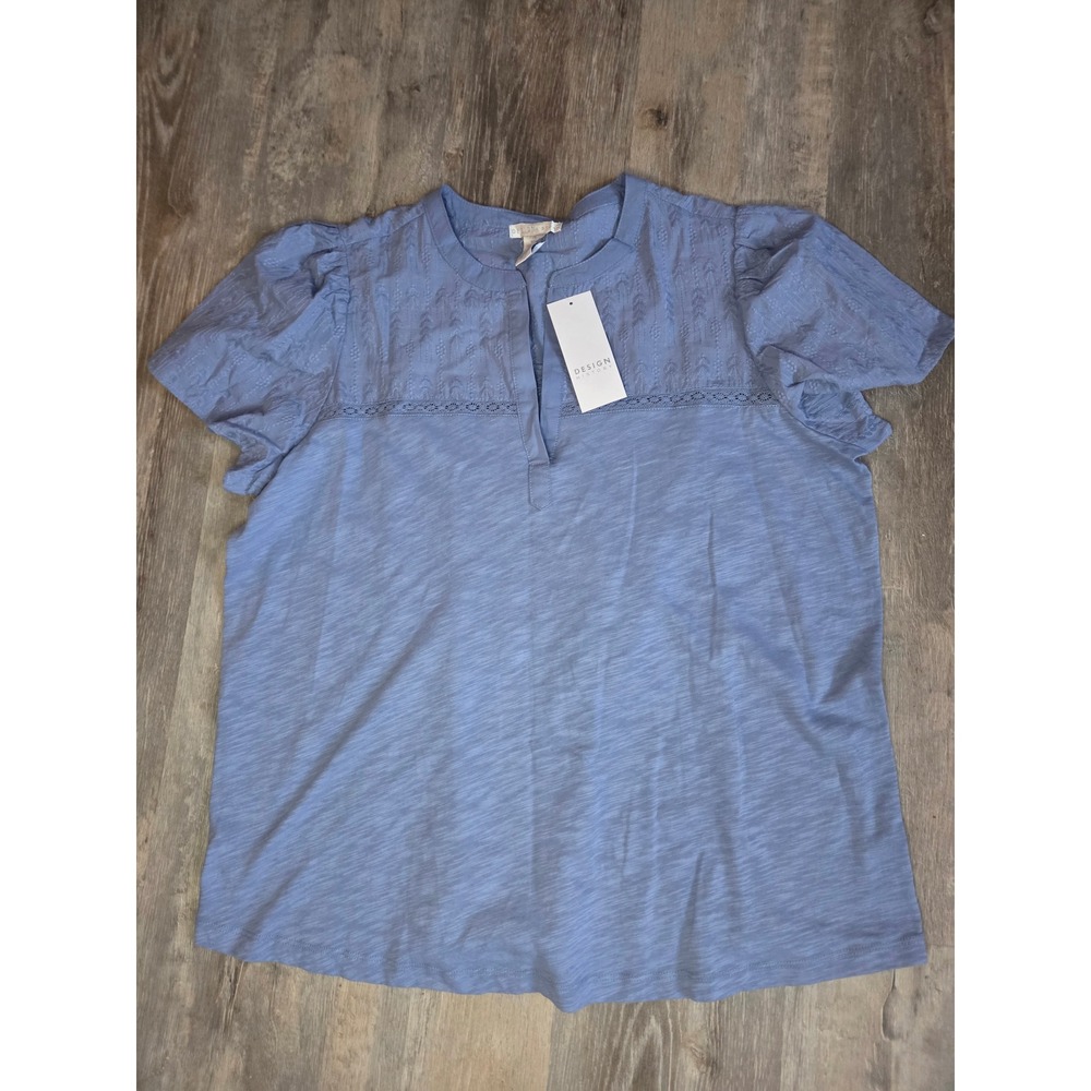 Design History Chambray Sky Blue Embroidered Cotton Top 1X MWOJM0312009